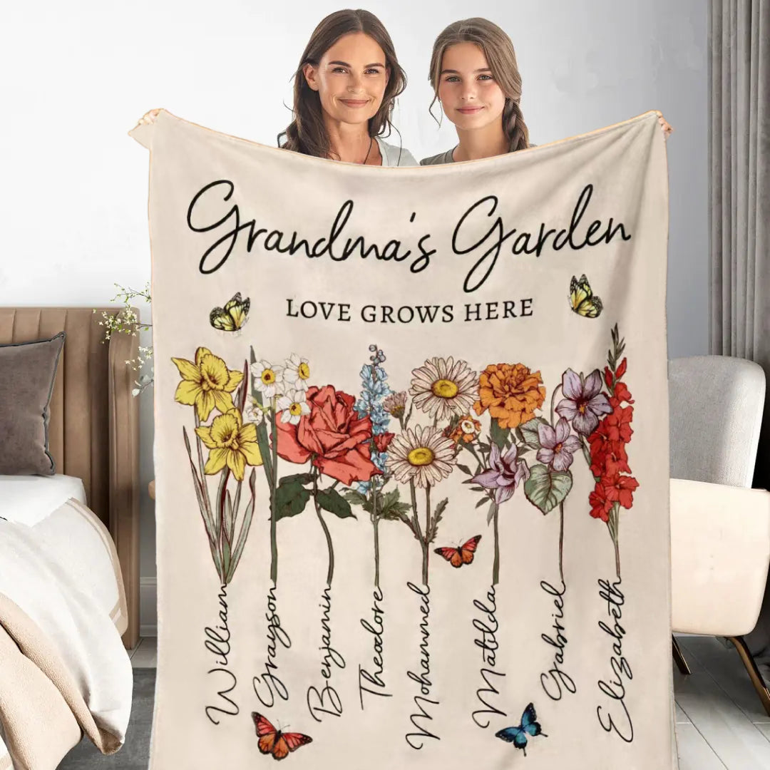 Custom Grandmas Garden Blanket Birth Month Flowers With Family Names