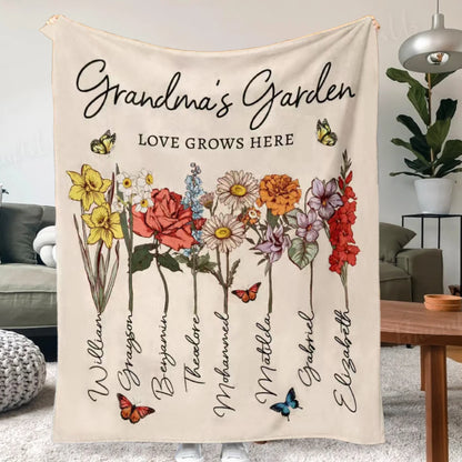 Custom Grandmas Garden Blanket Birth Month Flowers With Family Names