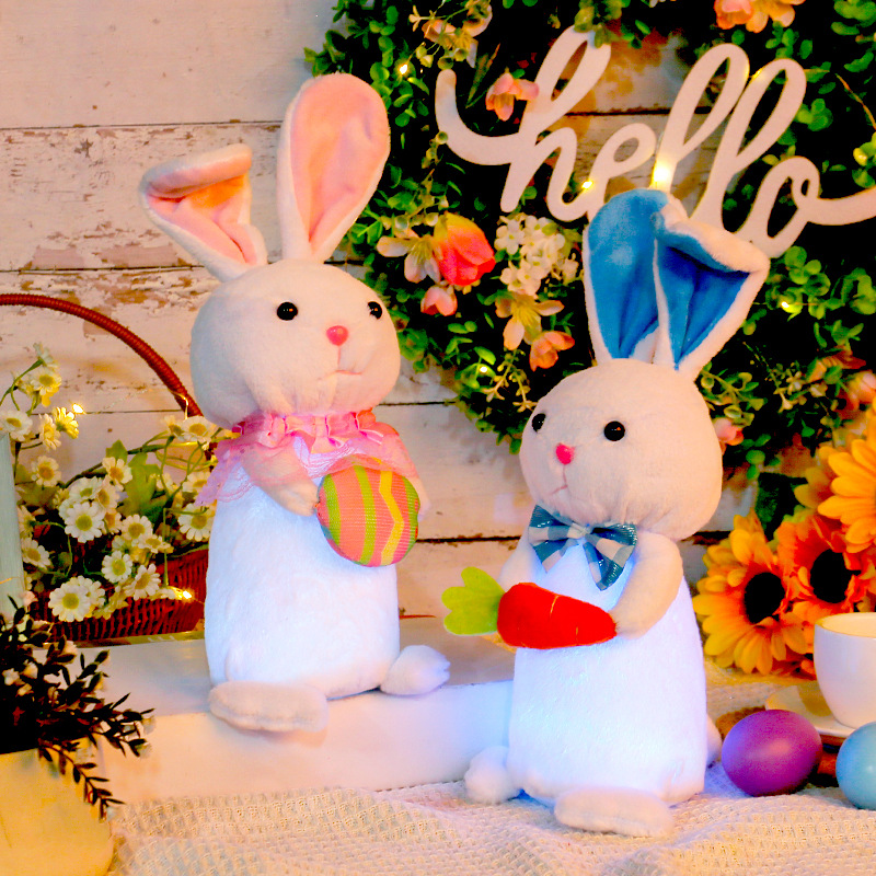 Lapin lumineux à LED tenant une carotte ou un œuf de Pâques en peluche – Nom personnalisable, cadeau de Pâques parfait pour les enfants