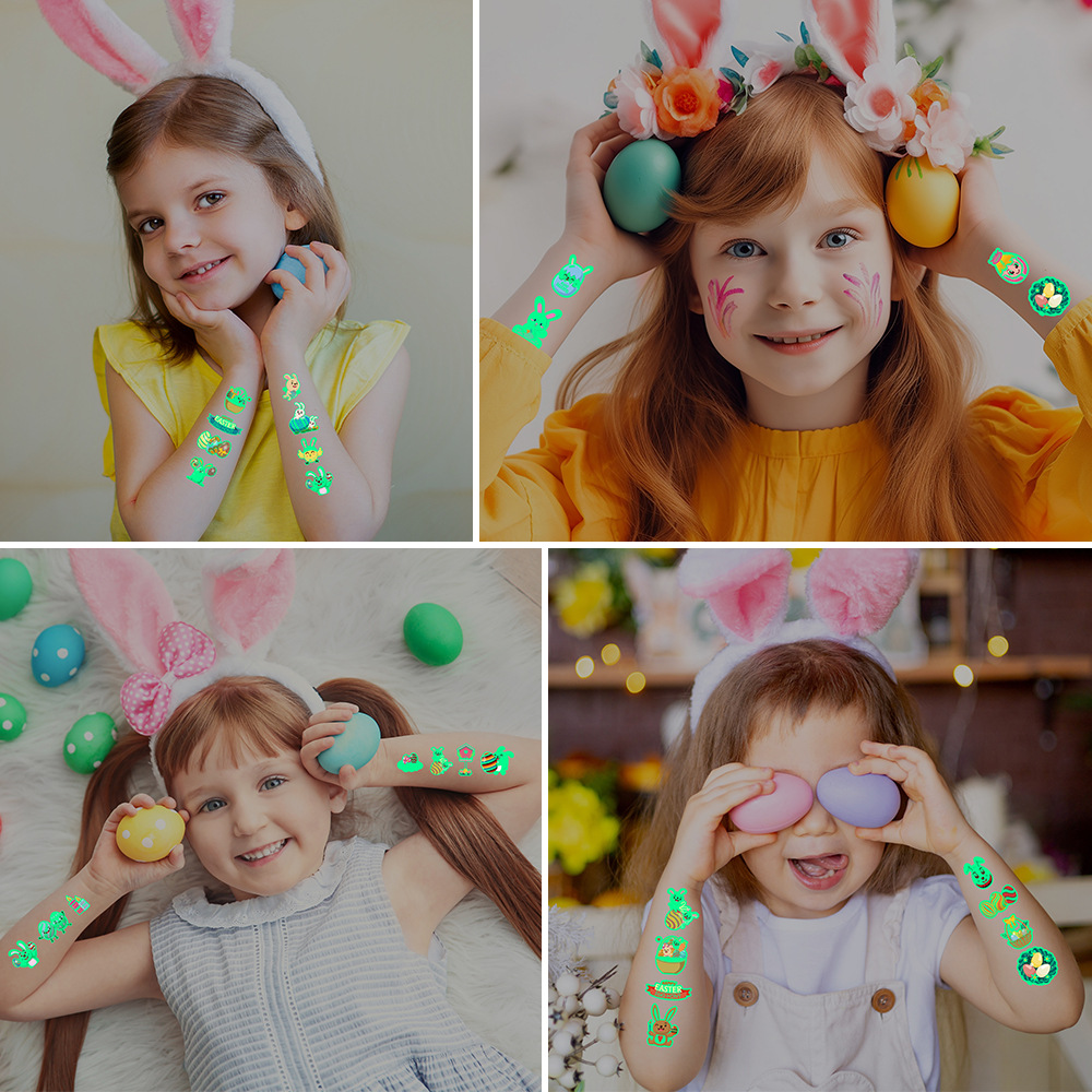 🌟 Tatouages ​​temporaires phosphorescents de lapin et d'œuf de Pâques 🐰🌸 – Cadeau de Pâques amusant pour les enfants 🐣