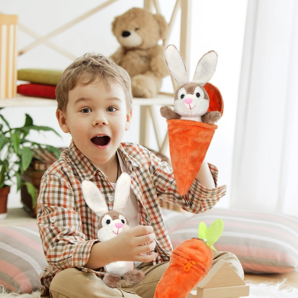 Petit lapin doux et mignon caché dans une peluche carotte zippée, cadeau personnalisé pour les enfants