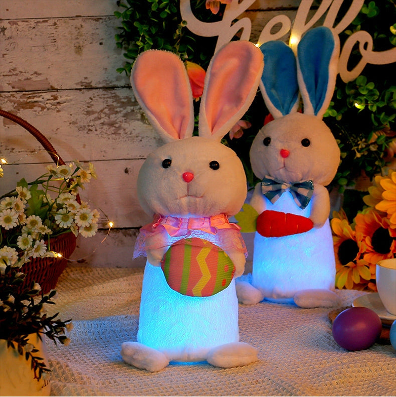 Lapin lumineux à LED tenant une carotte ou un œuf de Pâques en peluche – Nom personnalisable, cadeau de Pâques parfait pour les enfants