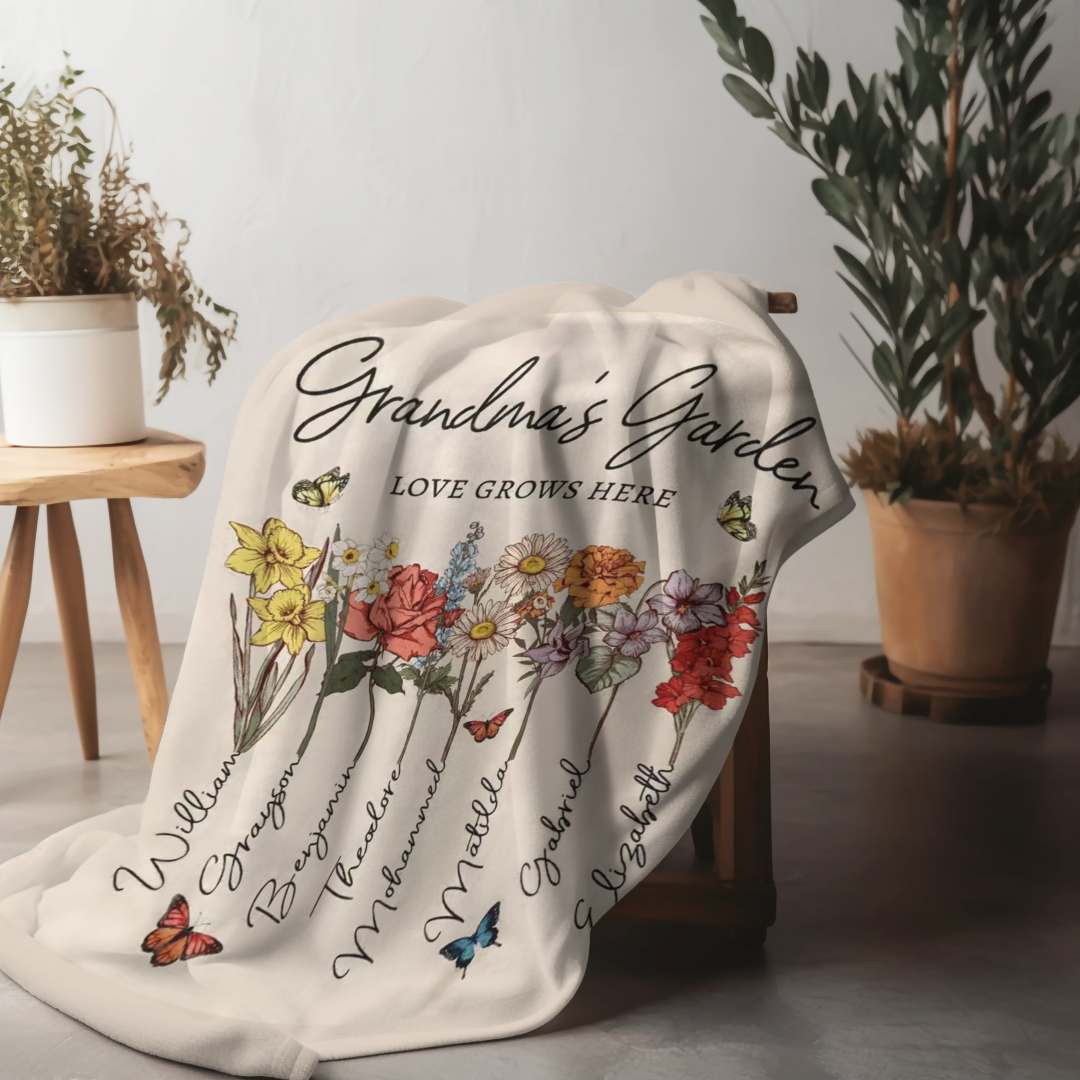 Custom Grandmas Garden Blanket Birth Month Flowers With Family Names