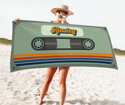 Personalized Retro Cassette Pattern Custom Name Beach Towel Pool Beach Bath