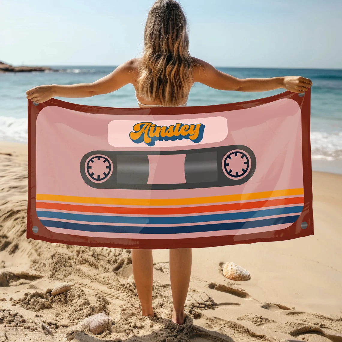 Personalized Retro Cassette Pattern Custom Name Beach Towel Pool Beach Bath