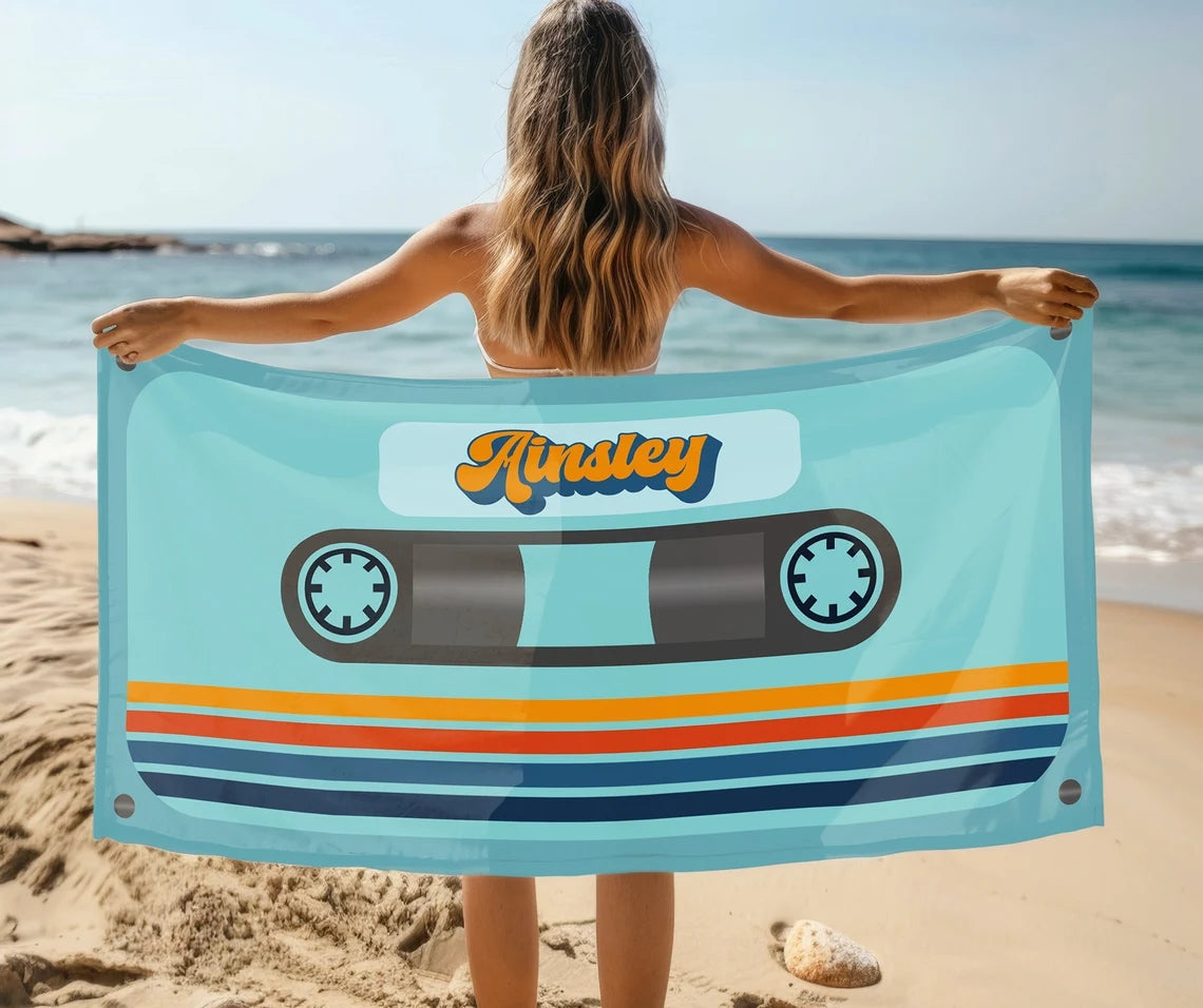 Personalized Retro Cassette Pattern Custom Name Beach Towel Pool Beach Bath