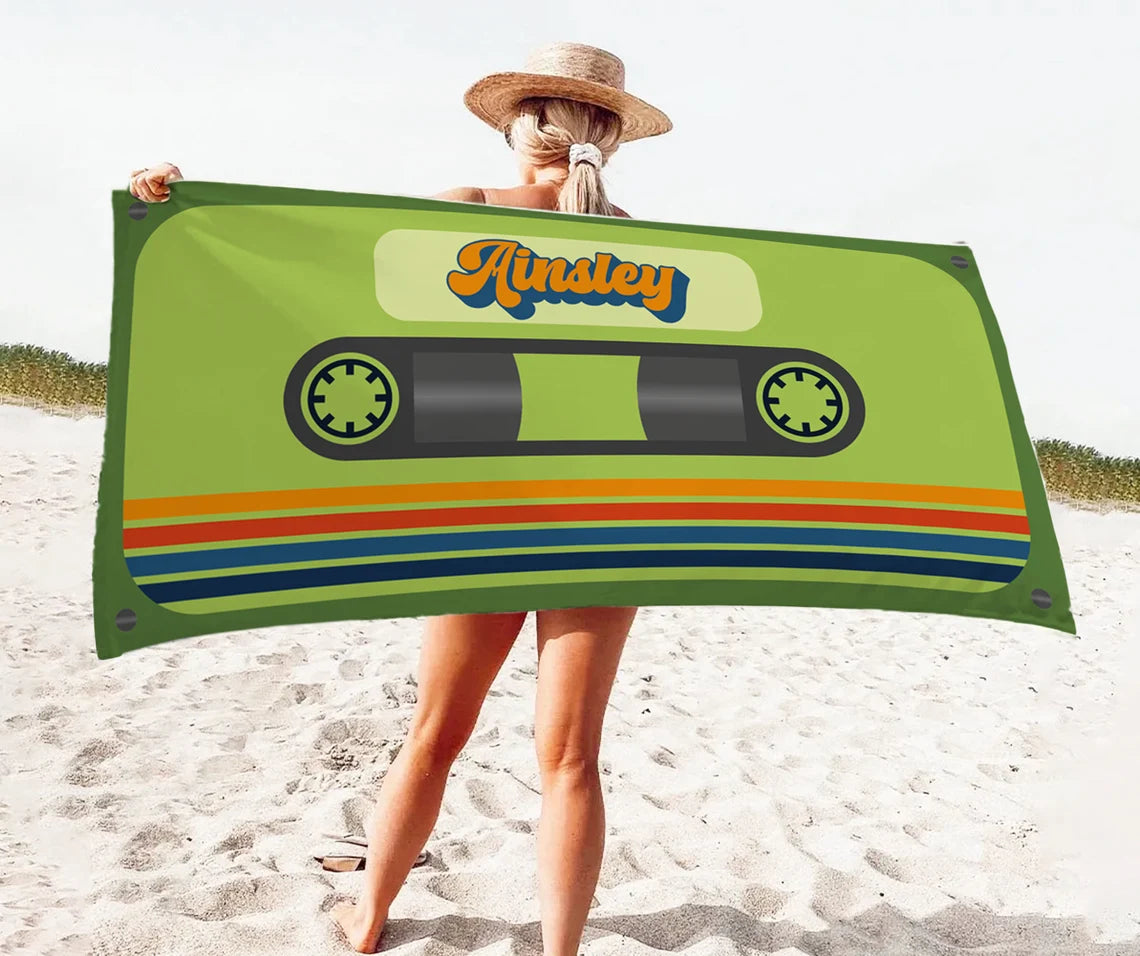 Personalized Retro Cassette Pattern Custom Name Beach Towel Pool Beach Bath