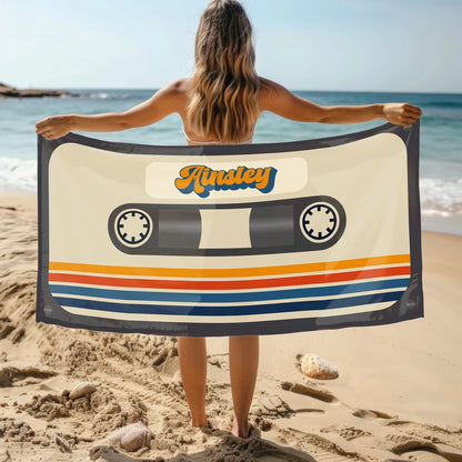 Personalized Retro Cassette Pattern Custom Name Beach Towel Pool Beach Bath