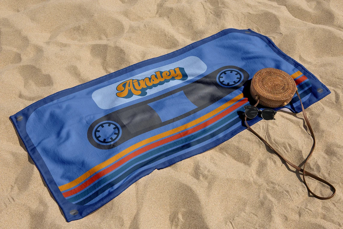 Personalized Retro Cassette Pattern Custom Name Beach Towel Pool Beach Bath