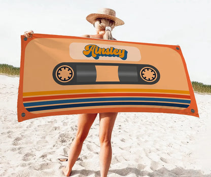 Personalized Retro Cassette Pattern Custom Name Beach Towel Pool Beach Bath