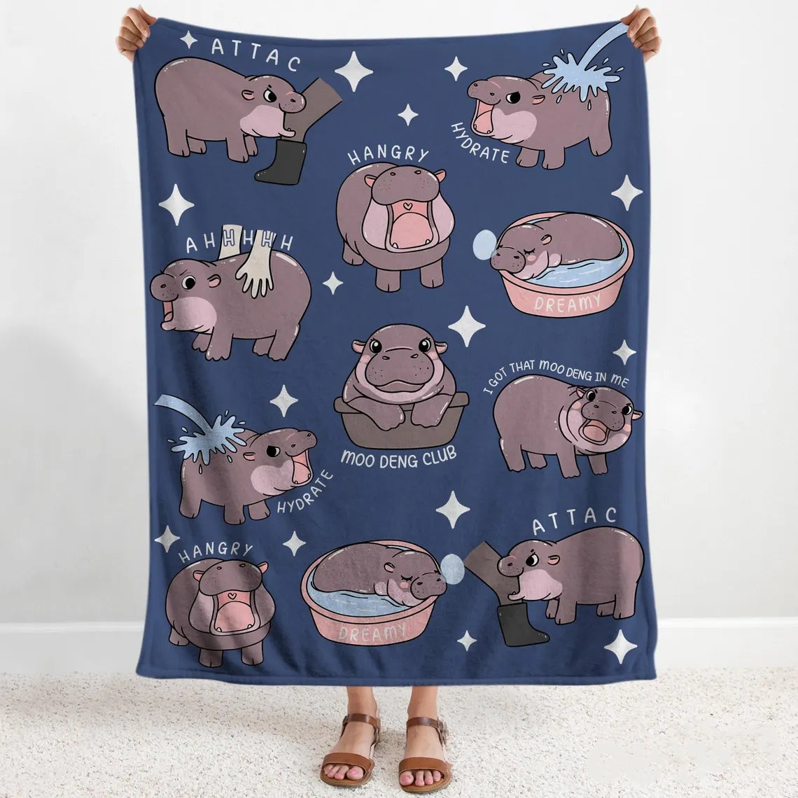 I Love Moo Deng Blanket, Funny Hippo Baby Blanket, Gift for Moo Deng Fan Club, Cute Baby Hippo Lover Gift